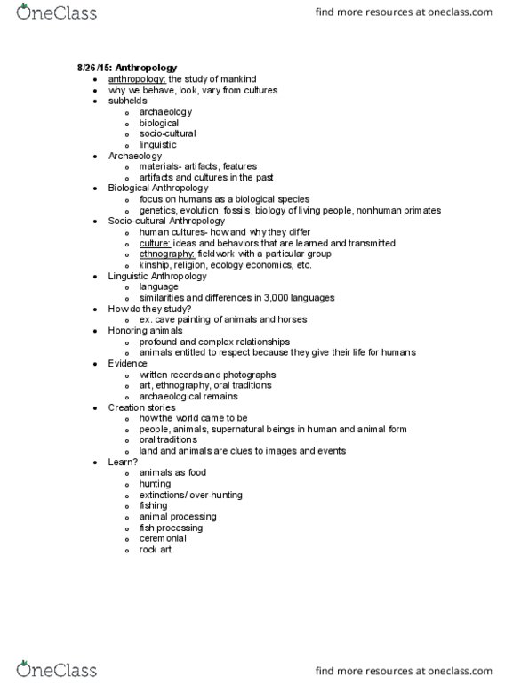 CEUS-R 310 Lecture Notes - Lecture 1: Sociocultural Anthropology, Fish Processing, Biological Anthropology thumbnail