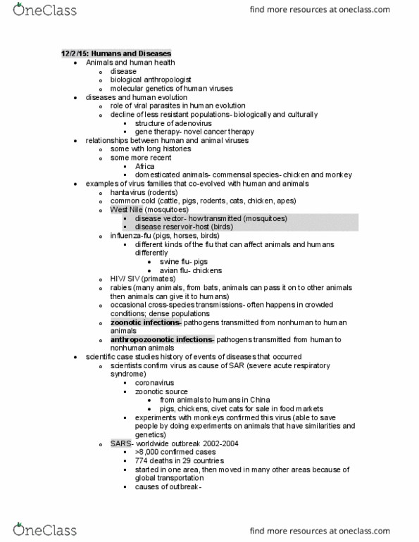 CEUS-R 310 Lecture Notes - Lecture 12: Veterinary Virology, Zoonosis, Coronavirus thumbnail