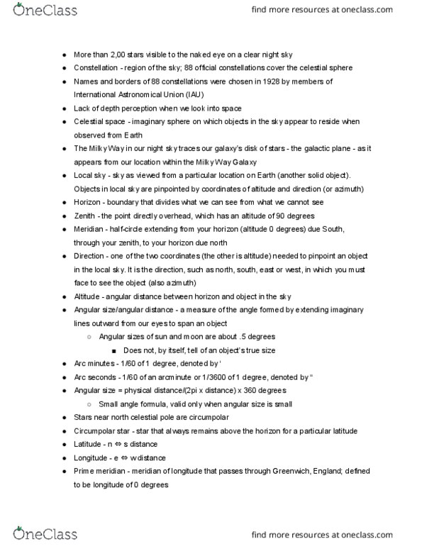 ASTR 111 Chapter Notes - Chapter 2: Azimuth, Farthest North, Minute And Second Of Arc thumbnail