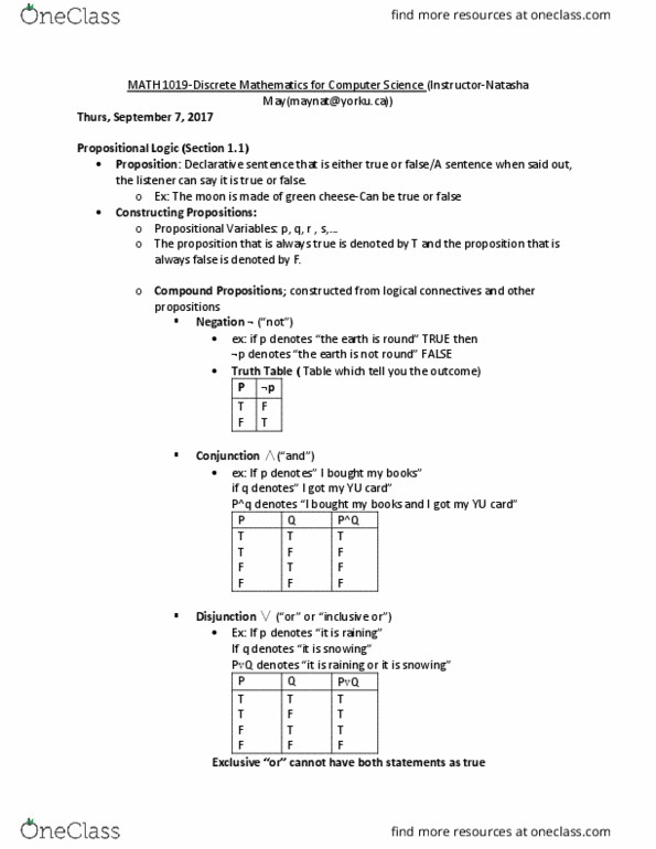 MATH 1019 Lecture Notes - Lecture 1: Truth Table thumbnail