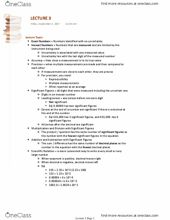 CHE 100 Lecture Notes - Lecture 3: Reproducibility, Significant Figures, Leading Zero thumbnail