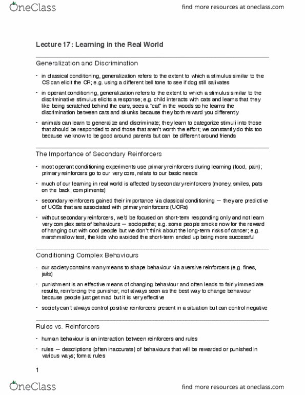 PSYA01H3 Lecture Notes - Lecture 17: Operant Conditioning, Classical Conditioning thumbnail