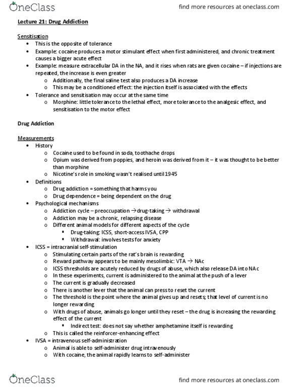 PHAR 562 Lecture Notes - Lecture 21: Mesolimbic Pathway, Substance Dependence, Reuptake thumbnail