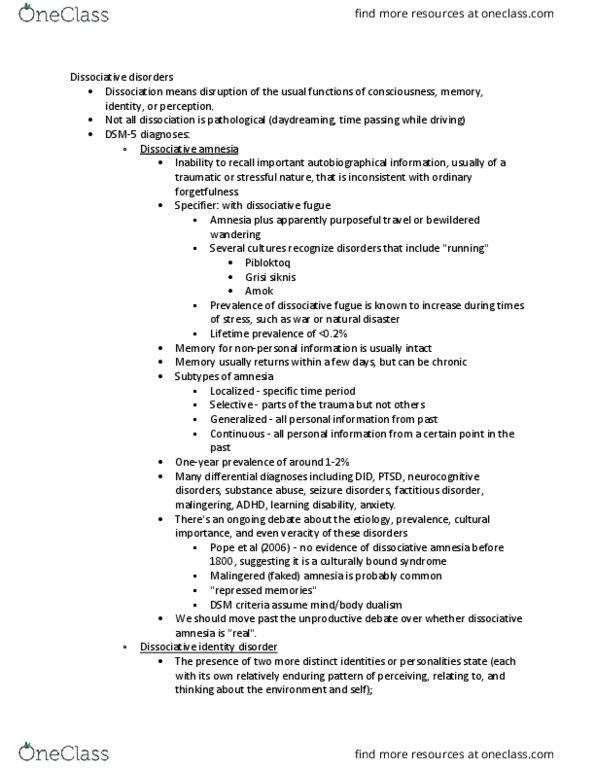 PSY 3171 Lecture Notes - Lecture 5: Insomnia, Phantom Limb, Derealization thumbnail