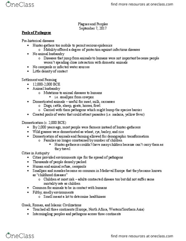 HIST 335 Lecture Notes - Lecture 1: Animal Husbandry, Columbian Exchange, Smallpox thumbnail
