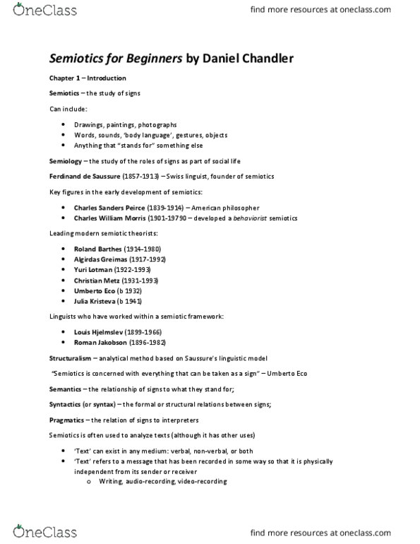 CCT210H5 Chapter Notes - Chapter 1: Daniel Chandler, Pragmatics, Yuri Lotman thumbnail