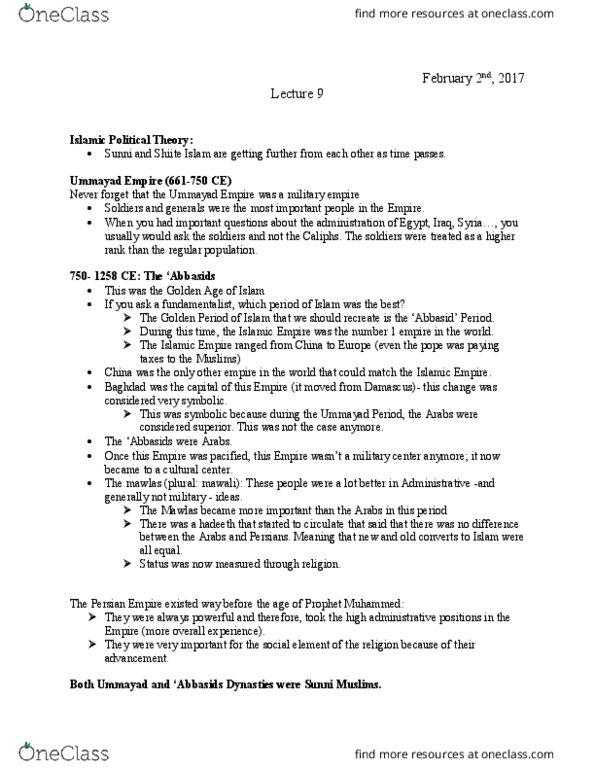 Religious Studies 1023E Lecture Notes - Lecture 9: Fatimid Caliphate, Sevener, Mawla thumbnail