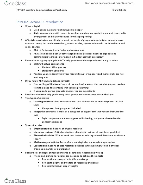 PSYC02H3 Lecture Notes - Lecture 1: Apa Style, Style Guide thumbnail