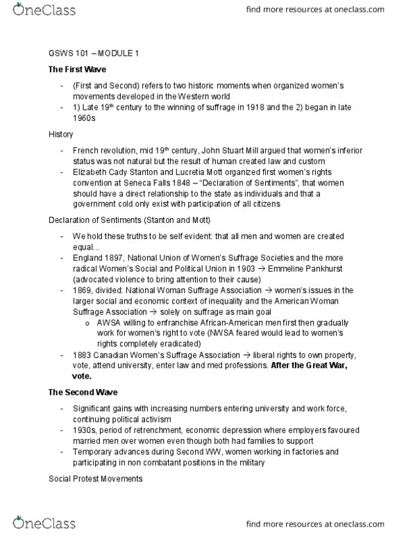 GSWS 101 Lecture Notes - Lecture 1: National Woman Suffrage Association, Emmeline Pankhurst, John Stuart Mill thumbnail