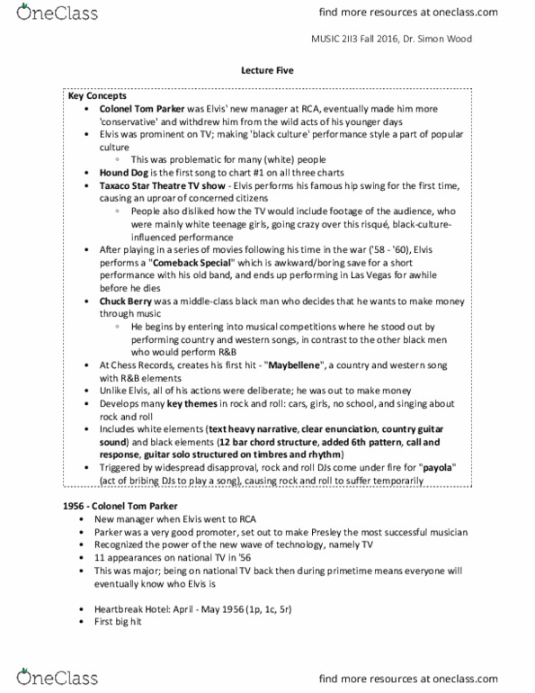 MUSIC 2II3 Lecture Notes - Lecture 5: Alan Freed, Centrality, Ida Red thumbnail