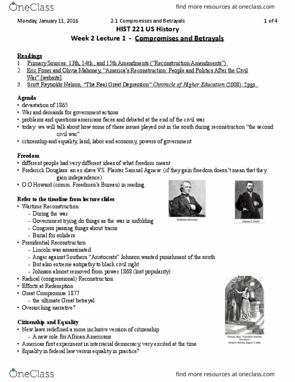 HIST 221 Lecture Notes - Lecture 2: White League, Sharecropping, Sea Islands thumbnail