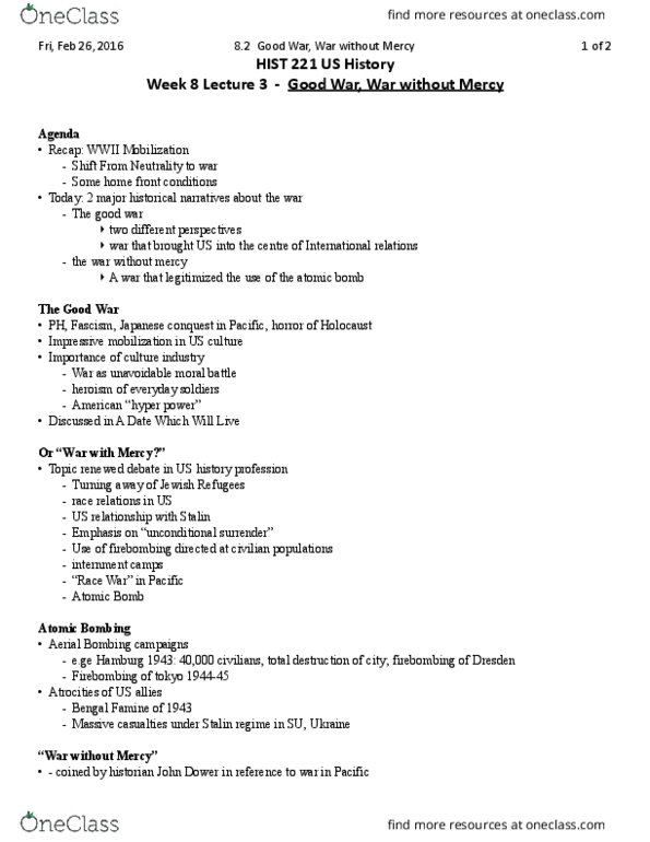 HIST 221 Lecture Notes - Lecture 19: Arms Industry, Executive Order 9066, Fair Employment Practice Committee thumbnail