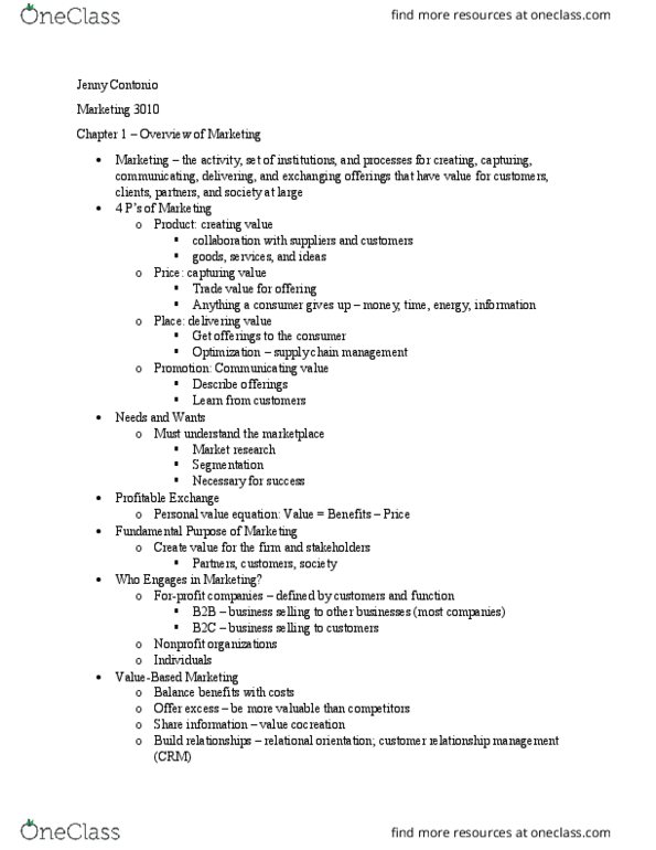 MKT-3010 Lecture Notes - Lecture 1: Customer Relationship Management, Retail thumbnail