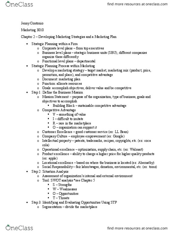 MKT-3010 Lecture Notes - Lecture 2: Swot Analysis, Integrated Marketing Communications, Boston Consulting Group thumbnail