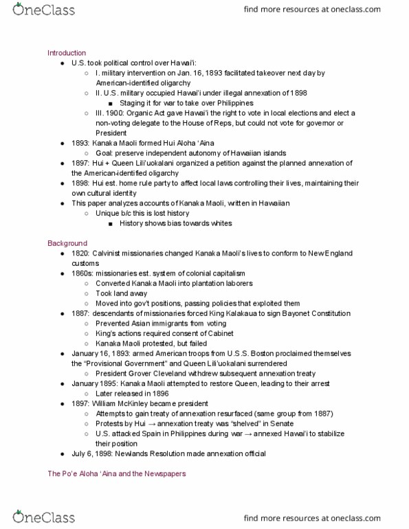 HWST 107 Chapter Notes - Chapter 7: Hawaiian Language, Grover Cleveland, Newlands Resolution thumbnail