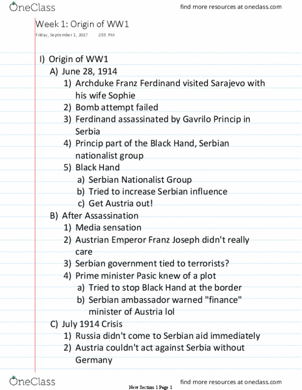 HISTORY 2500 Lecture 2: Week 1 Origin of WW1 thumbnail