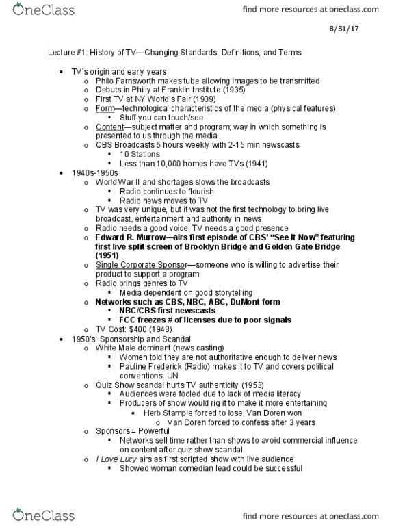 MSP 0821 Lecture Notes - Lecture 1: David Brinkley, See It Now, Big Three Television Networks thumbnail