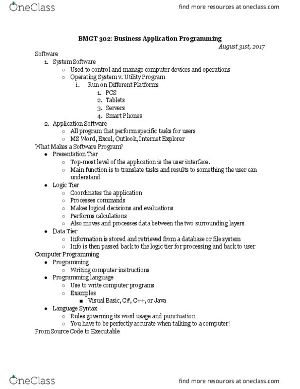 BMGT 302 Lecture Notes - Lecture 1: Microsoft Powerpoint, Subroutine, Object Model thumbnail