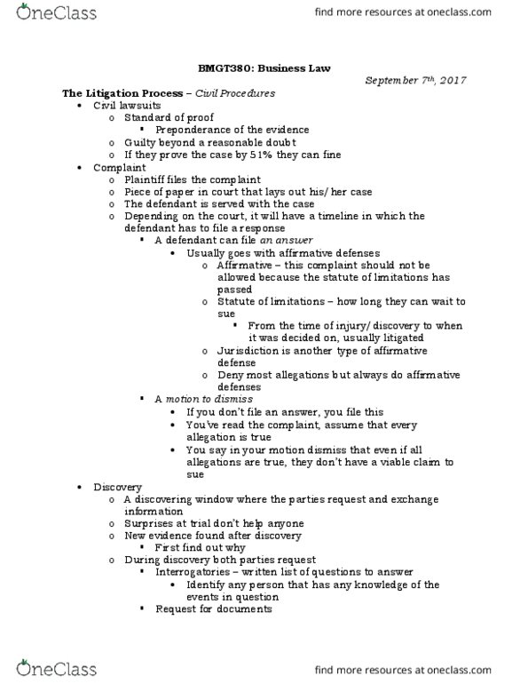 BMGT 380 Lecture Notes - Lecture 3: Verdict, Jury Trial, Summary Judgment thumbnail