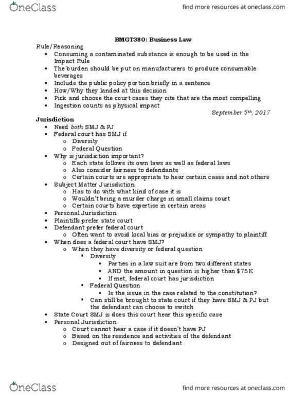 BMGT 380 Lecture Notes - Lecture 2: Minimum Contacts, Small Claims Court, Federal-Question Jurisdiction thumbnail