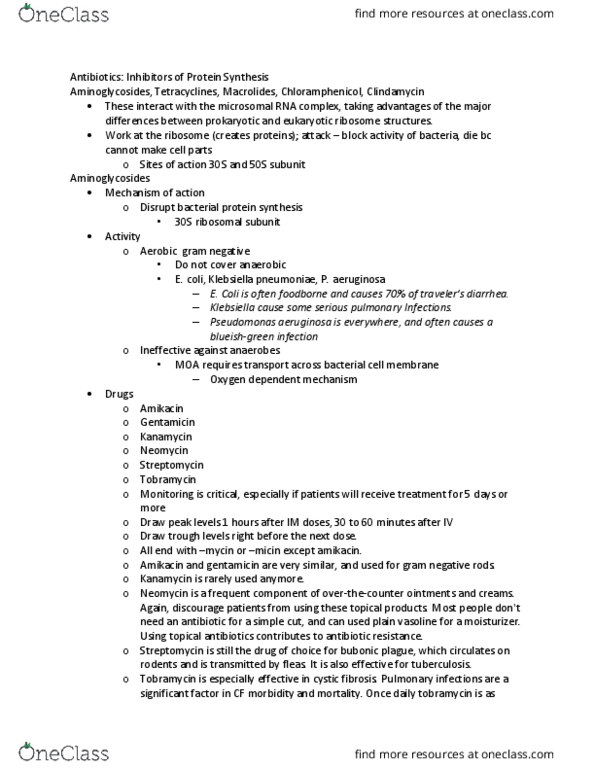 NURS 3110 Lecture Notes - Lecture 22: Vancomycin, Probiotic, Erythromycin thumbnail