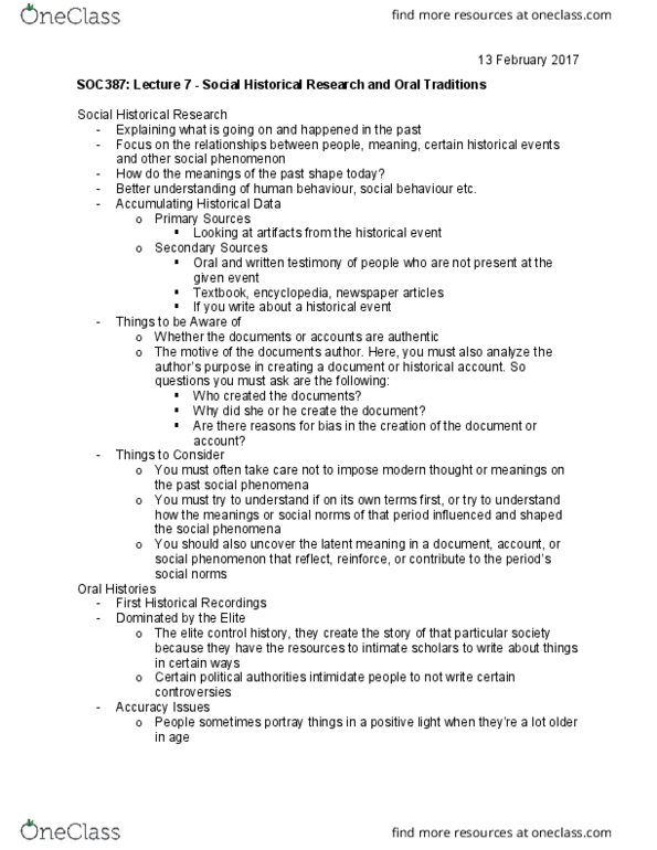 SOC387H5 Lecture Notes - Lecture 7: Institute Of Historical Research thumbnail