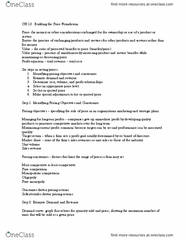 MKTG 2800 Chapter Notes - Chapter 13: Demand Curve, Fixed Cost, Variable Cost thumbnail