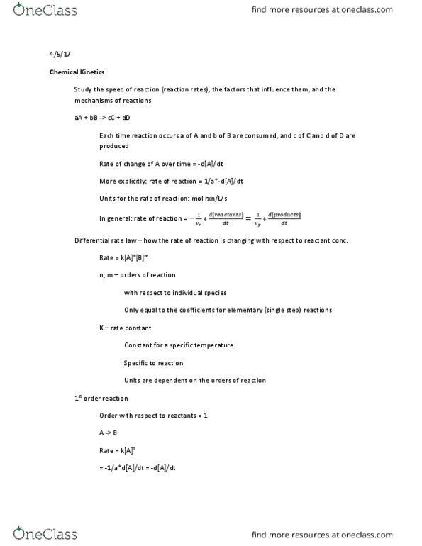 University College - Chemistry Chem 112A Lecture Notes - Lecture 35: Rate Equation, Reaction Rate Constant thumbnail