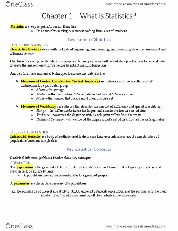 COMM-1057EL Chapter Notes - Chapter 1: Statistical Inference, Descriptive Statistics thumbnail