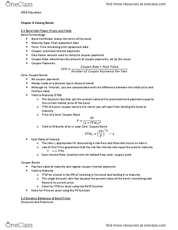 AFM291 Lecture Notes - Lecture 6: Nominal Yield, Zero-Coupon Bond, Cash Flow thumbnail