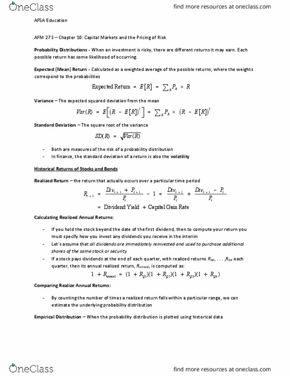 AFM291 Lecture Notes - Lecture 10: Systematic Risk, Risk Premium, Capital Asset Pricing Model thumbnail