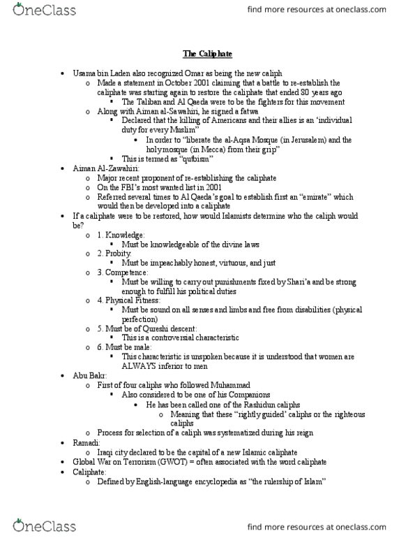 THEO 24813 Lecture Notes - Lecture 11: Osama Bin Laden, Rashidun Caliphate, Qutbism thumbnail