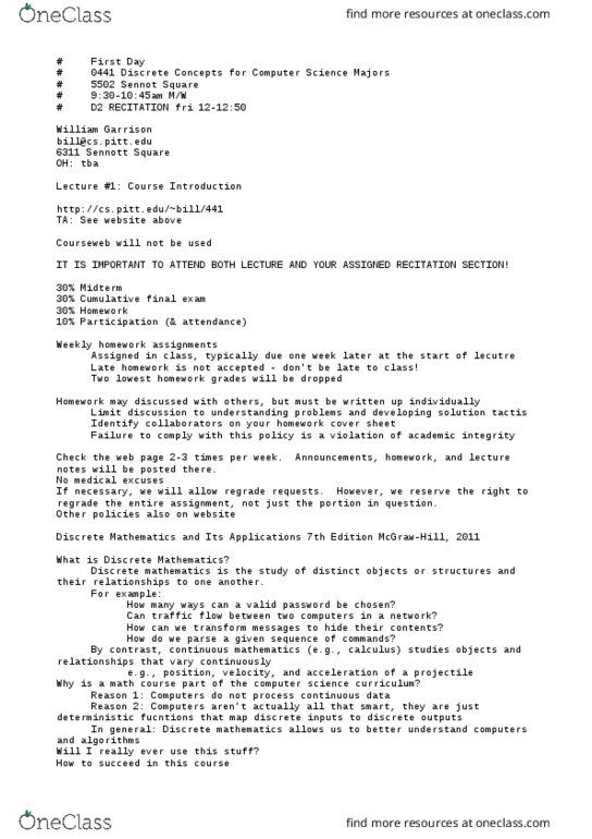 CS 0441 Lecture Notes - Lecture 1: Mathematical Analysis, Propositional Calculus, Modular Arithmetic thumbnail