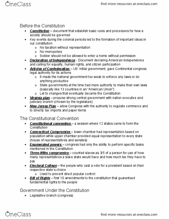 POLS 1336 Chapter Notes - Chapter 2: Anti-Federalism, Continental Congress, Connecticut Compromise thumbnail