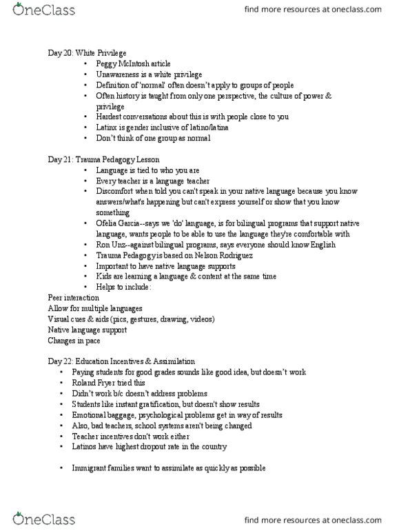 TAL 101 Lecture Notes - Lecture 20: Sudbury School, Acculturation, Model Minority thumbnail