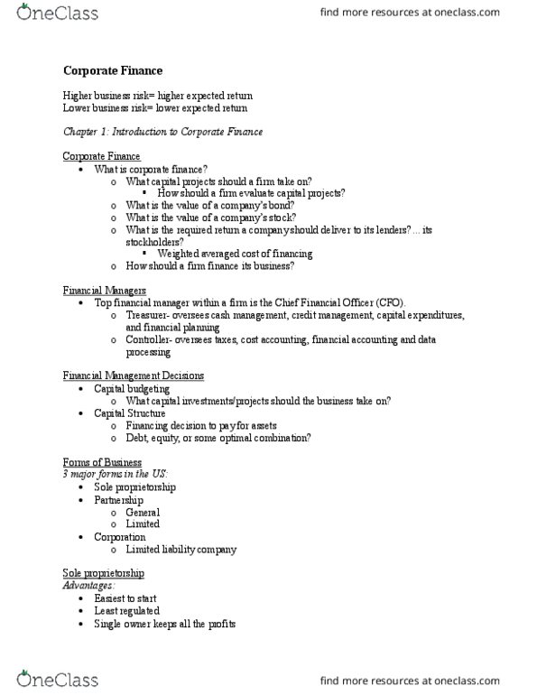 FINC 300 Chapter Notes - Chapter 1: Double Taxation, Limited Liability Company, Corporate Finance thumbnail