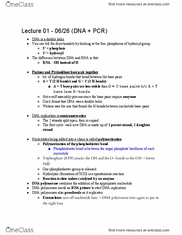 BIO SCI 97 Lecture Notes - Lecture 1: Polymerase Chain Reaction, Dna Profiling, Phosphodiester Bond thumbnail