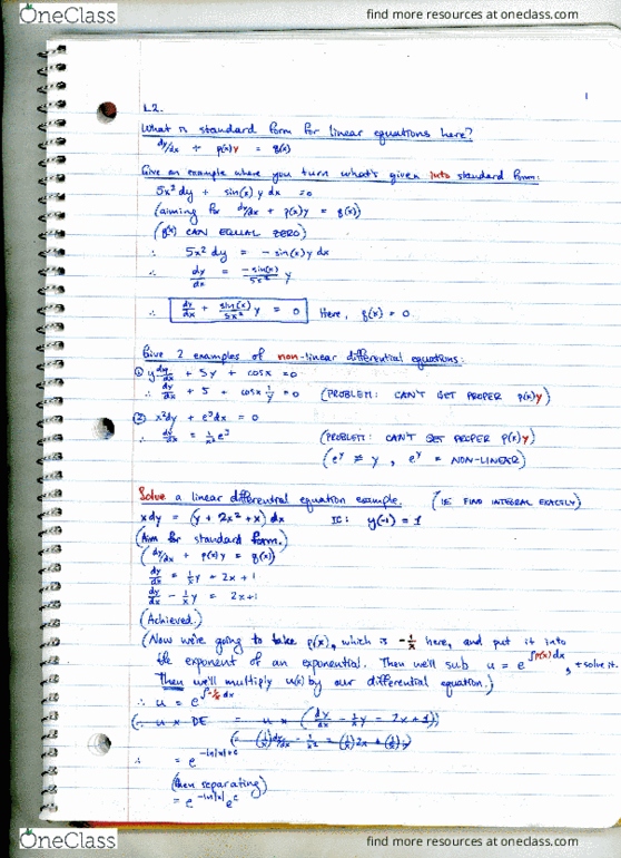 MTH 425 Lecture 2: Standard Form for Linear DE, Exact DEs thumbnail