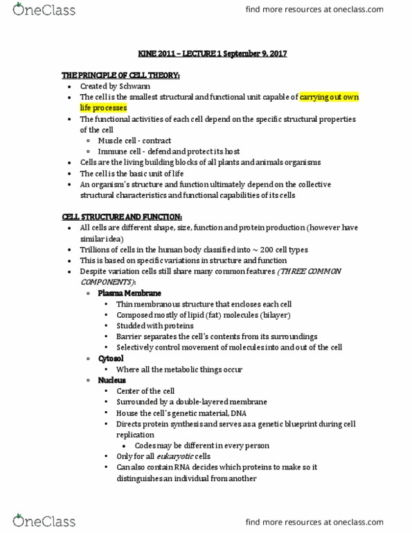 KINE 2011 Lecture Notes - Lecture 1: Inner Membrane, Spindle Apparatus, Lysosome thumbnail