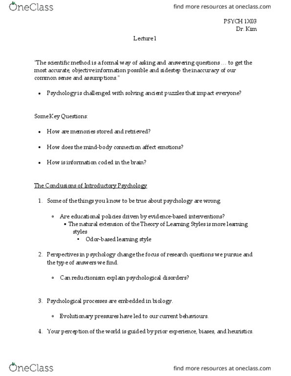 PSYCH 1X03 Lecture Notes - Lecture 1: Reductionism, Scientific Method thumbnail