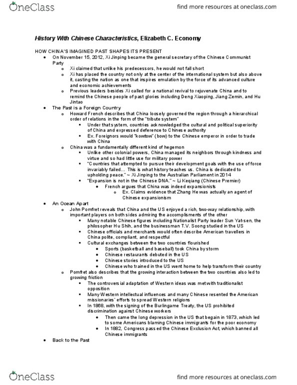 CAS IR 365 Chapter Notes - Chapter 1: Burlingame Treaty, Kowtow, Xi Jinping thumbnail