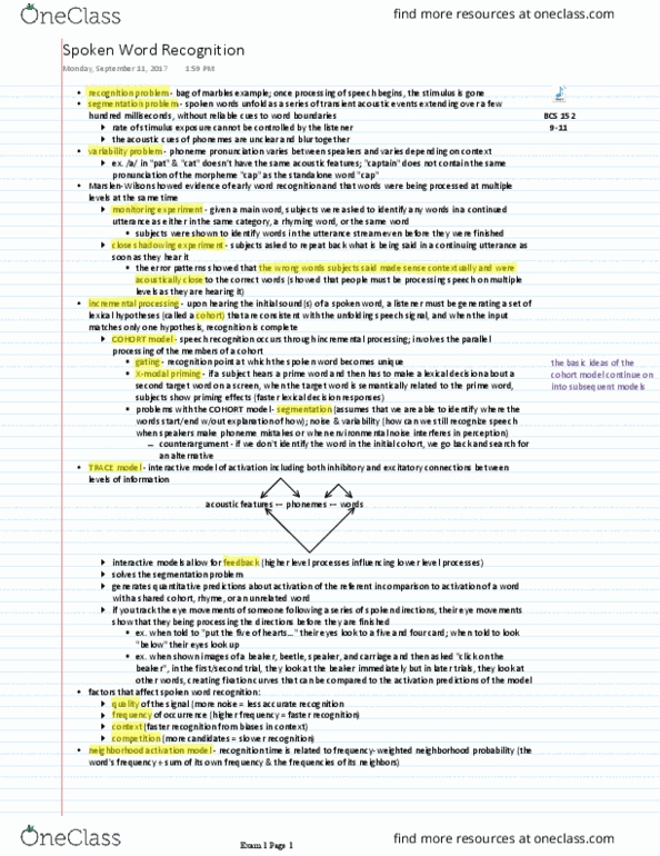 BCS 152 Lecture Notes - Lecture 3: Environmental Noise, Lexical Decision Task, Phoneme thumbnail