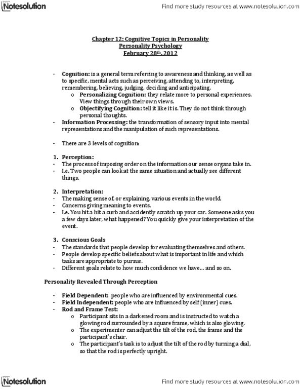 PSYC 2740 Chapter Notes - Chapter 12: Personal Construct Theory, Major Depressive Disorder, Learned Helplessness thumbnail