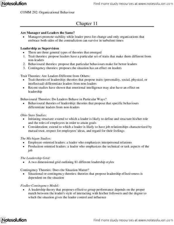 COMM 292 Chapter Notes - Chapter 11: Fiedler Contingency Model, Situational Leadership Theory, Charismatic Authority thumbnail