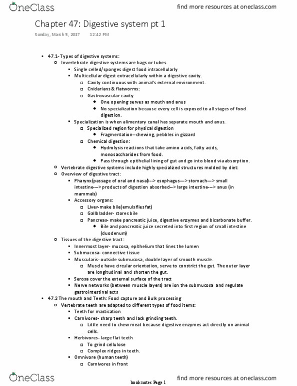 BIOL 2312 Chapter Notes - Chapter 47: Portal Vein, Gastric Pits, Trypsinogen thumbnail