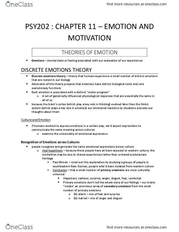 PSY 202 Chapter Notes - Chapter 11: Display Rules, Social Emotions, Motor Program thumbnail