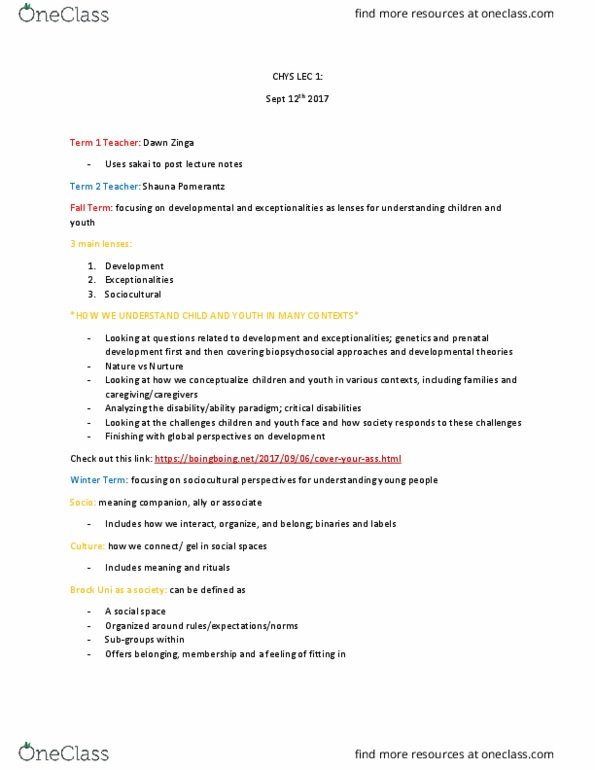 CHYS 1F90 Lecture Notes - Lecture 1: Prenatal Development, Biopsychosocial Model thumbnail