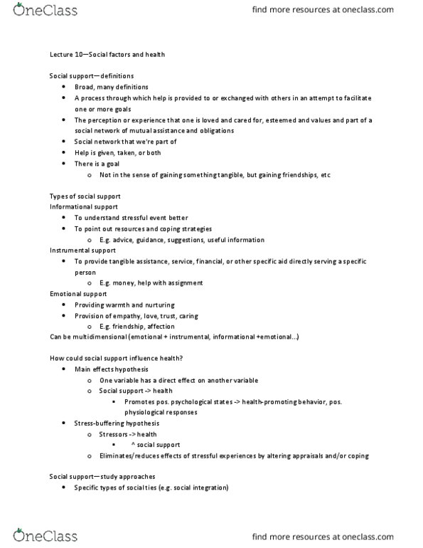 PSY BEH 137H Lecture Notes - Lecture 10: Cardiovascular Disease, Social Integration, Social Network thumbnail