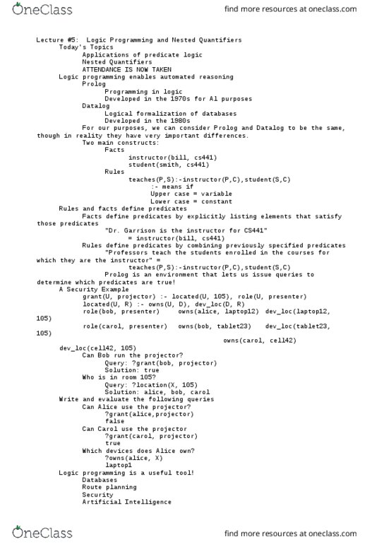 CS 0441 Lecture Notes - Lecture 5: Propositional Function, Logic Programming, Datalog thumbnail