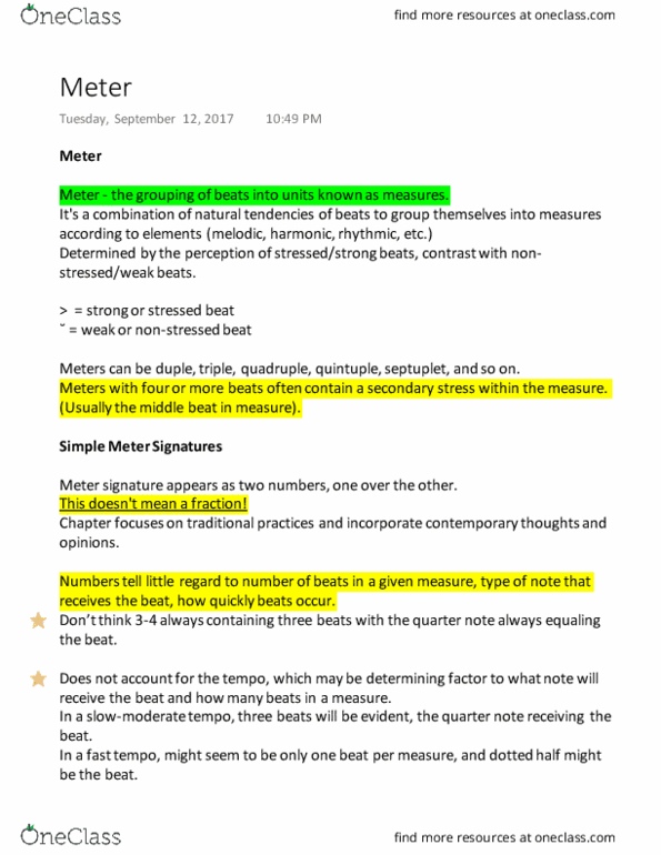 MUS 069A Chapter Notes - Chapter 3: Time Signature, Duple And Quadruple Metre, Quarter Note thumbnail